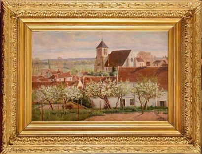 null Adrien SCHULZ (1851-1931) Église de Montigny-sur-Loing au printemps, mai 1889...