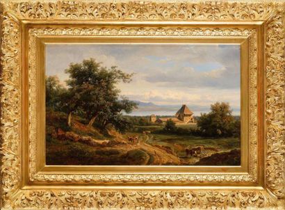 null Édouard HOSTEIN (1804-1889) Manoir près d’un lac, 1841 Huile sur toile (petites...