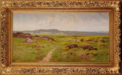null Émile ISENBART (1846-1921) Paysanne dans une lande rocheuse Huile sur toile...