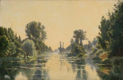 null Adrien SCHULZ (1851-1931) Sur le Loing à Montigny -sur-Loing en Août Huile sur...