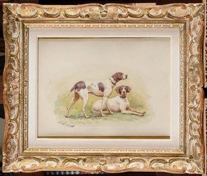 null Jules Bertrand GELIBERT (1834-1916) Couple de chiens de chasse Aquarelle Signée...
