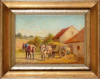 null Charles CLAIR (1860-1930) Charette de foin à la ferme Huile sur toile (restaurations)...