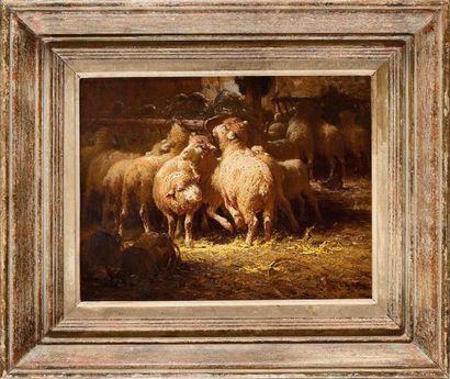 null Charles CLAIR (1860-1930) Moutons à la bergerie Huile sur toile (très petites...
