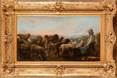 null Giuseppe PALIZZI (1812-1888) Le berger et son troupeau Huile sur panneau (usures...