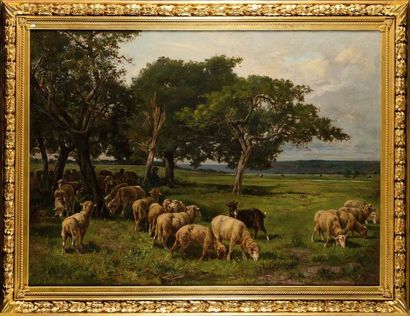 null Albert CHARPIN (1842-1924) Troupeau de moutons au verger, 1876 Huile sur toile...