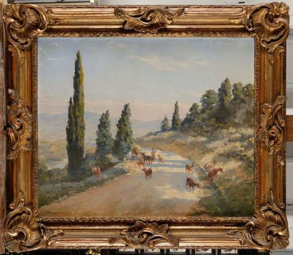 null Paul TAVERNIER (1852-1943) Troupeau de chèvres sur une route Huile sur toile...