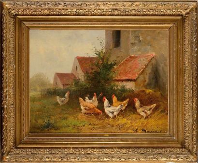 null Charles MARÉCHAL (1865-circa 1931) Les poules devant la ferme Huile sur toile...