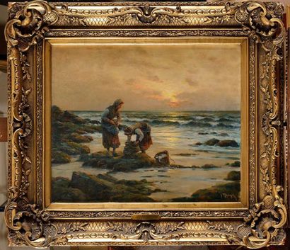 null Georges MARONIEZ (1865-1933) Deux pêcheuses à pied au crépuscule Huile sur toile...