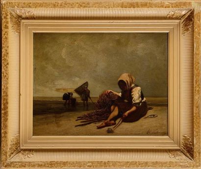 null Théodore SALMON (1811-1876) Jeune pêcheuse jouant avec un crabe Huile sur panneau...