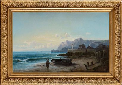 null Alfred GODCHAUX (1835-1895) Phare et village au bord de mer - Pêcheur et sa...