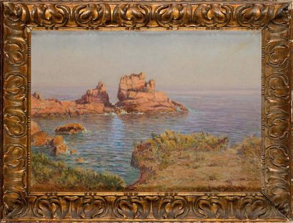 null Henri LEROY (né en 1851) Marine aux rochers roses Huile sur toile (restaurations)...