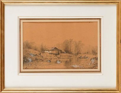 null Camille FLERS (1802-1868) Ferme au bord d’étang, 1847 Dessin au crayon noir...