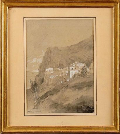 null Célestin NANTEUIL (1813-1873) Village au Cap Corse Lavis d’encre noire et gouache...