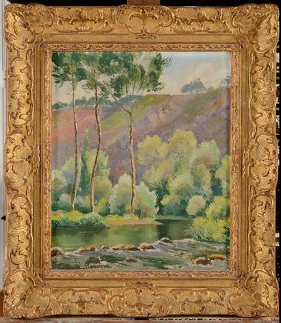 null Paul Émile PISSARRO (1884-1972) Rivière et colline aux arbres Huile sur toile...