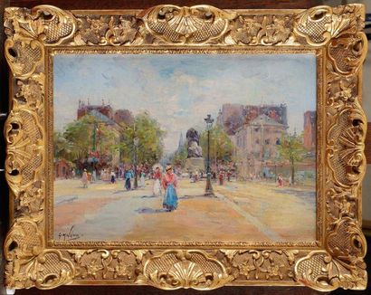 null Gustave MADELAIN (1867-1944) La place Denfert Rochereau pavoisée Huile sur toile...