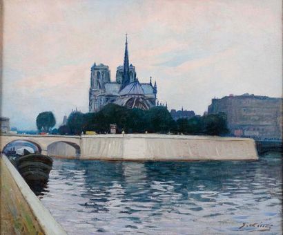 null Gustave LINO (1893-1961) Quai de Seine et Notre-Dame Huile sur toile rentoilée...