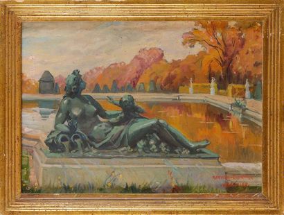 null Lucie RANVIER-CHARTIER (1867-1932) Bassin au parc de Versailles Huile sur toile...