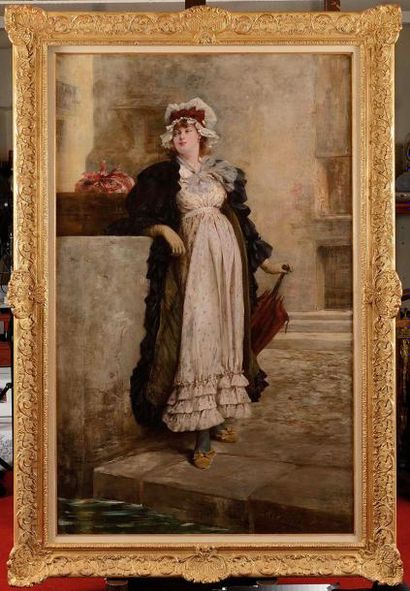 null Georges CLAIRIN (1843-1919) Jeune femme à l'embarcadère Huile sur toile (restauration)...