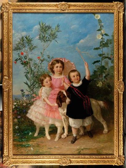 null Eugène FAURE (1822-1879) Trois enfants au jardin fleuri, 1860 Huile sur cinq...