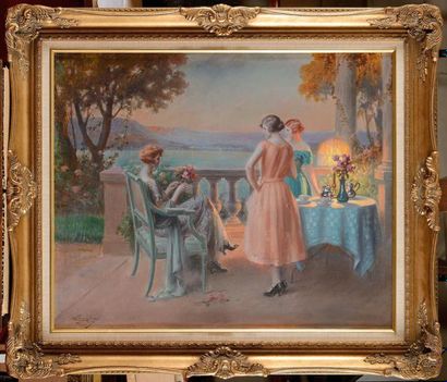 null Delphin ENJOLRAS (1857-1945) Thé en fin de journée sur la terrasse Huile sur...