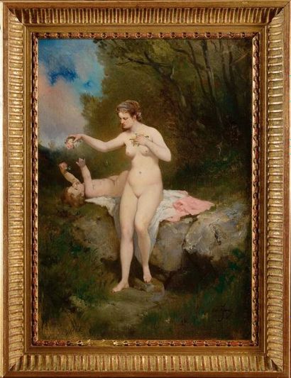 null ÉCOLE FRANÇAISE du XIXe siècle Baigneuse jouant avec un enfant Huile sur toile...