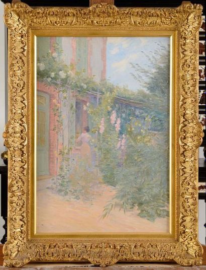 null Ernest BAILLET (1853-1902) Femme à la roseraie Huile sur toile Signée en bas...