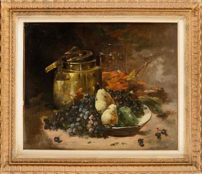 null CYPRIANY (XIX-XXe siècles) Fruits et cuivre, 1903 Huile sur toile doublée sur...