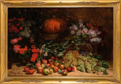 null Pierre BOURGOGNE (1838-1904) Fleurs et fruits du jardin, 1887 Huile sur toile...