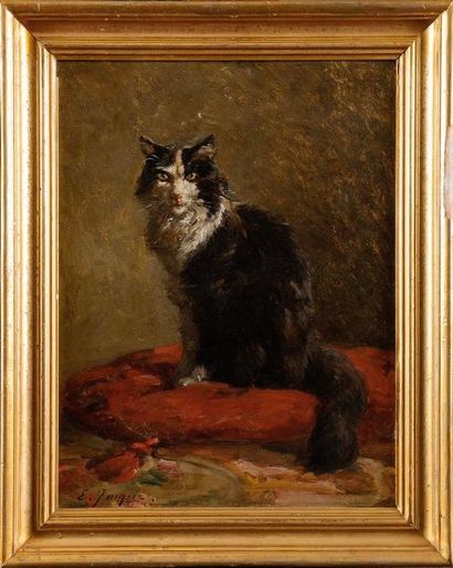 null Emile JACQUE (1848-1912) Le chat au coussin rouge Huile sur panneau (restaurations)...
