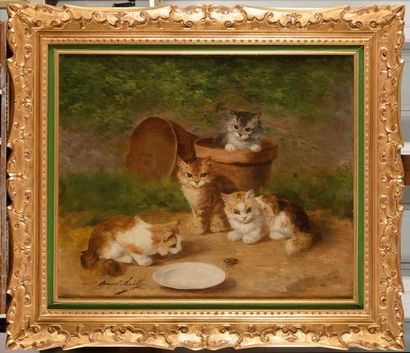 null Alfred Arthur BRUNEL DE NEUVILLE (1852-1941) Quatre chatons à l’insecte Huile...
