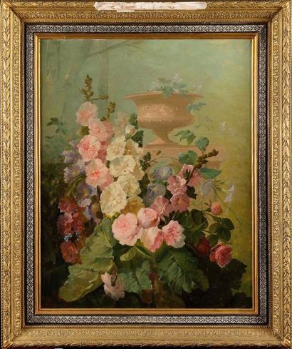 null PETIT Jacob dit Jacob-Petit (1796-1868) Roses trémières dans un parc Huile sur...