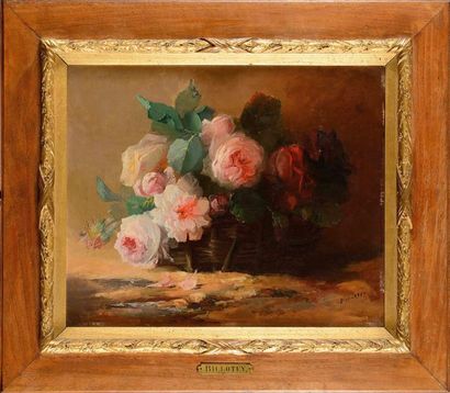 null BILLOTEY (fin XIXe siècle) Corbeille de roses Huile sur carton (petites restaurations)...