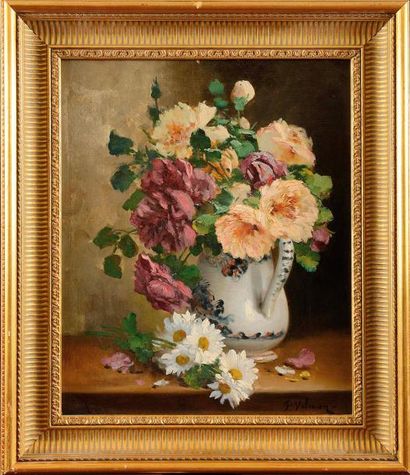null Eugène Henri CAUCHOIS (1850-1911) Bouquet de pivoines et marguerites Huile sur...