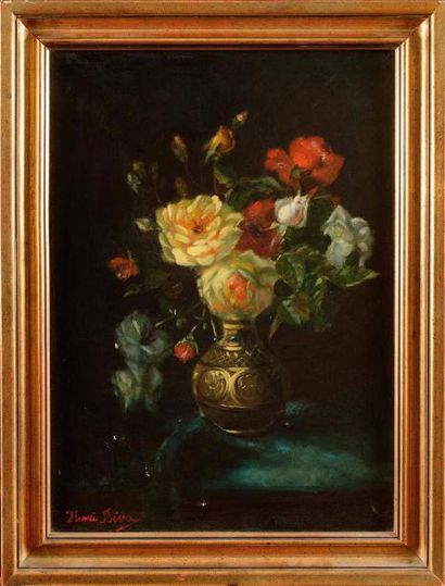 null Henir BIVA (1848-1929) Bouquet de roses au vase doré Huile sur toile (petits...