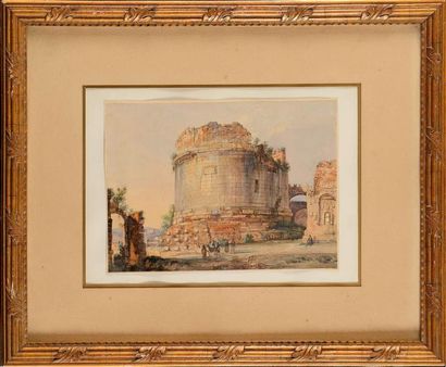 null Victor Jean NICOLLE (attribué à) Promeneurs dans des ruines antiques Aquarelle...