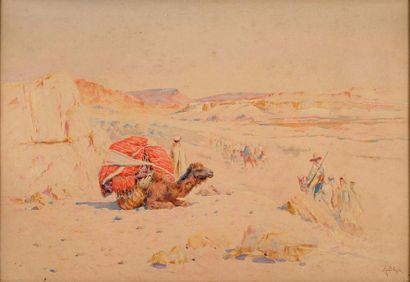 null Alphonse BIRCK (1859-1942) Chamelier et cavaliers dans le désert Aquarelle (insolation...