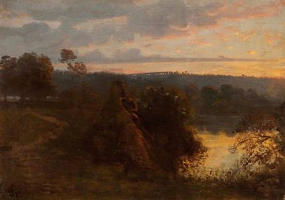 null François Louis FRANÇAIS (1814-1897) Crépuscule avec un viaduc au loin Huile...