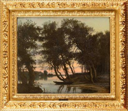 null Louis CABAT (1812-1893) Barque sur l’étang au crépuscule Huile sur toile rentoilée...