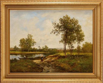 null Léon RICHET(1847-1907) Pêcheur et paysanne au bord de rivière Huile sur toile...