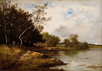 null Léon RICHET (1843-1907) Paysanne en chemin au bord de l’eau Huile sur toile...