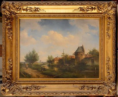 null Charles LEICKERT (1816-1907) Village au bord du canal, Pays-Bas Huile sur panneau...