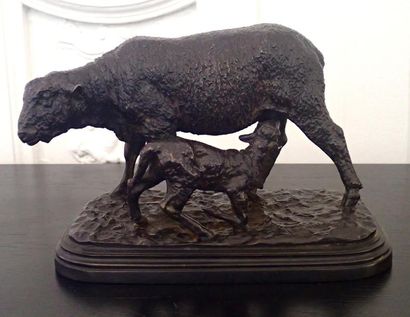 null Isidore BONHEUR (1827-1901) Mouton et son petit Bronze à patine brune 14 x 20...