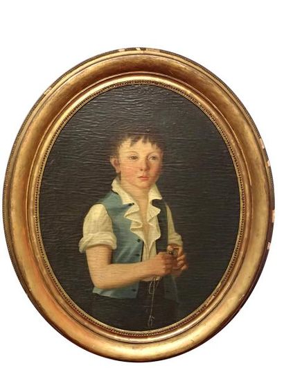 null ECOLE FRANCAISE XIXème siècle Portrait d'un jeune garcon au gilet bleu Huile...
