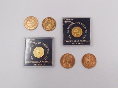 null LOT DE PIECES en or jaune, 4 pièces de 20 francs datées de 1954,1887,1898,et...