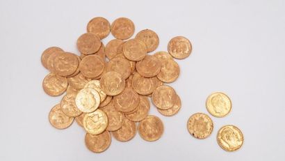 null 52 pièces de 20 Francs français en or jaune datées de 1905 à 1914 on y joint...