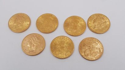 null LOT de 7 pièces de 20 dollards en or jaune, datées de 1899, 1900, 1904, 1908,...