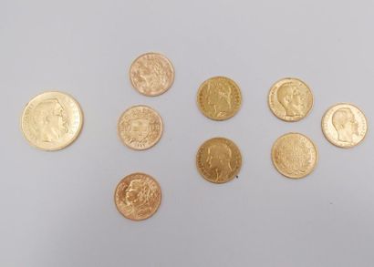 null LOT DE 8 pièces en or jaune 20 Francs et 1 pièce en or jaune Napoléon 50 Francs...