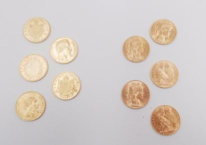 null LOT DE 10 pièces en or jaune 20 Francs Poid brut : 64,3 g 10 yellow coins.
