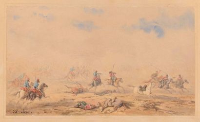 null heodore JUNG (1803-1865) Guerre de Crimée. Escarmouche entre des hussards et...