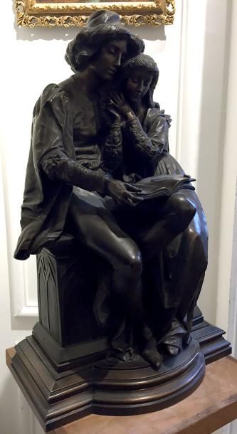 null Hippolyte Marius GALY (1847-1929) Couple enlacé à la lecture Bronze à patine...